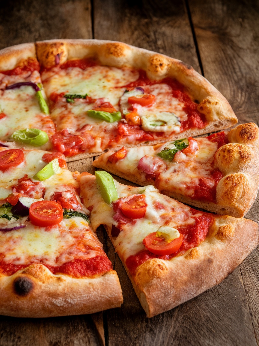 Crispy sourdough pizza with tomato sauce and toppings on a wooden table.